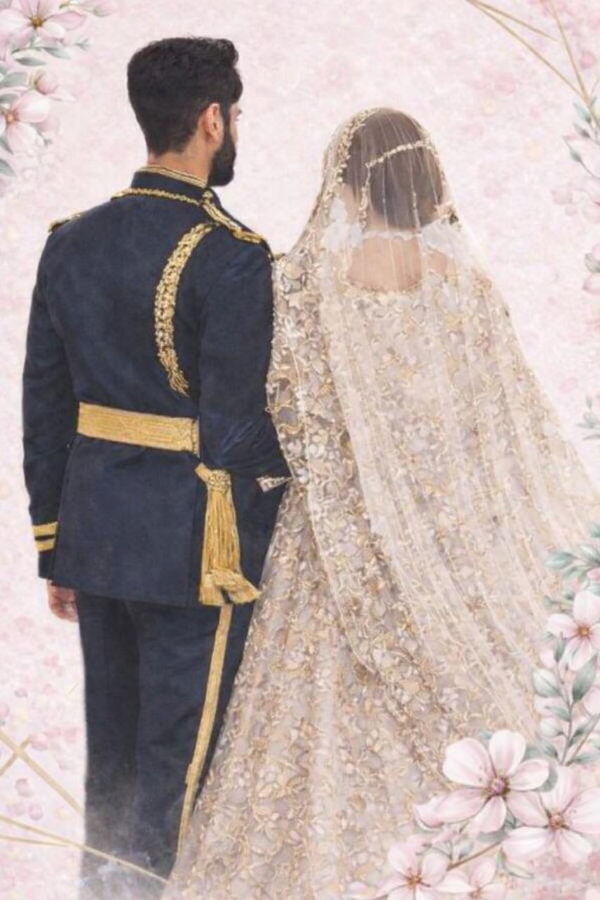 Wedding illustration for Capt Mushahid Hussain and Esha Fatima, the groom in a navy military dress uniform and the bride in a gold embroidered lehnga and veil